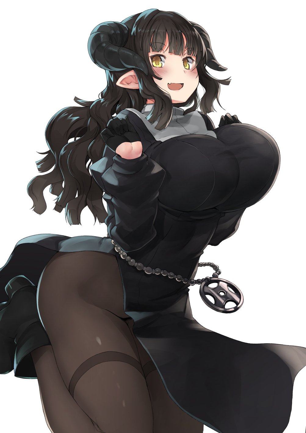 1girl :d ass bangs belt black_gloves black_hair black_legwear blunt_bangs blush boots breasts fang gloves highres horns itou_ryuusei large_breasts long_hair looking_at_viewer nun open_mouth original pantyhose pointy_ears simple_background smile solo thighband_pantyhose white_background yellow_eyes
