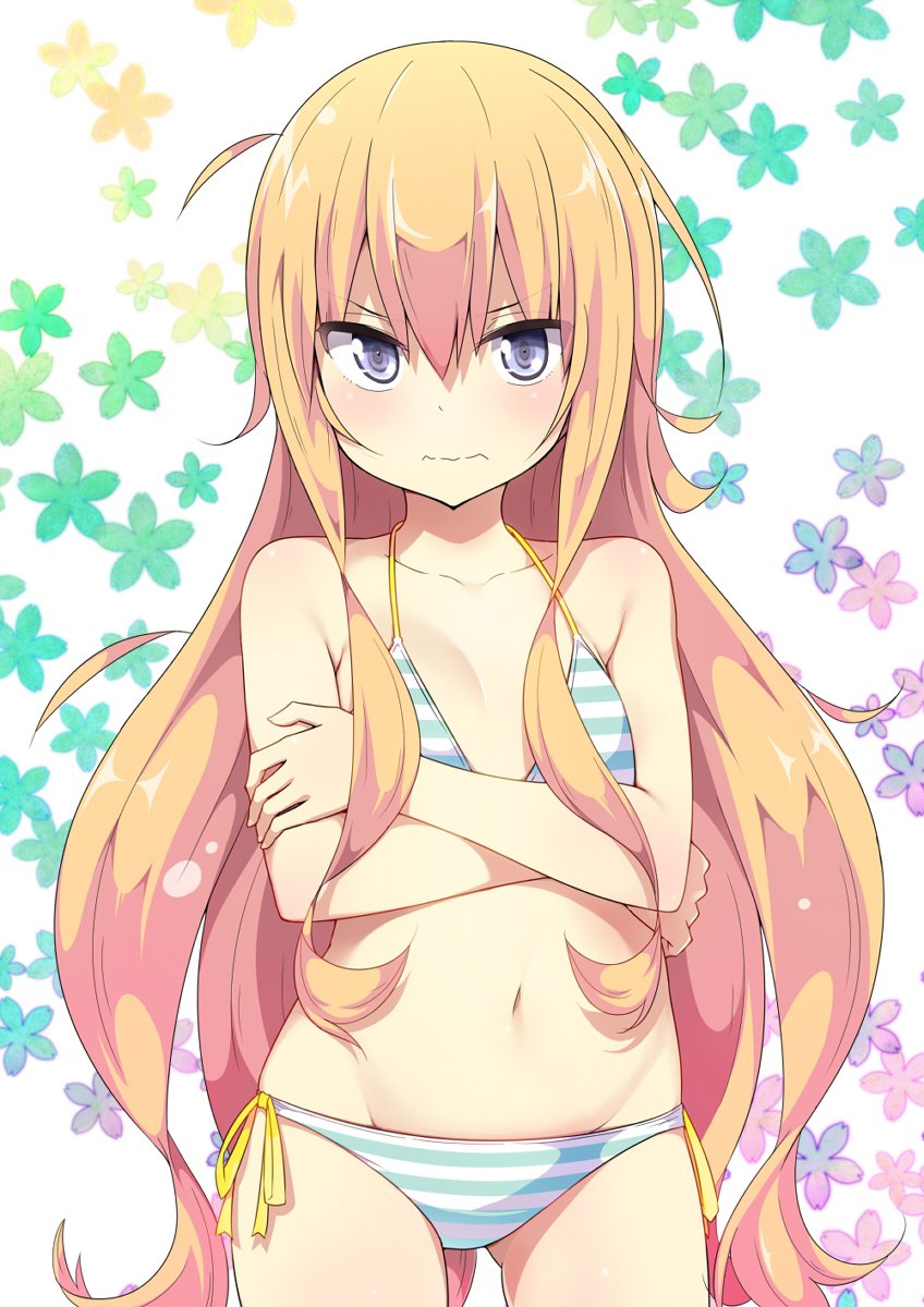 1girl bikini blonde_hair blush breasts closed_mouth collarbone crossed_arms eyebrows_visible_through_hair floral_background gabriel_dropout hair_between_eyes highres long_hair looking_at_viewer navel side-tie_bikini small_breasts solo striped striped_bikini swimsuit tenma_gabriel_white ukami very_long_hair violet_eyes wavy_mouth white_background