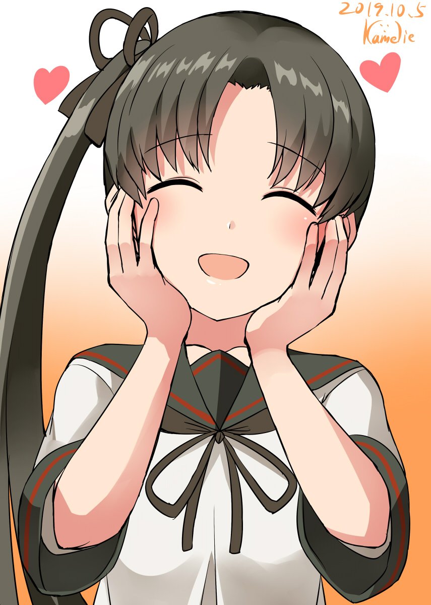 1girl ayanami_(kantai_collection) bangs blush brown_hair closed_eyes dated eyebrows_visible_through_hair hair_ribbon hands_on_own_cheeks hands_on_own_face heart highres kamelie kantai_collection long_hair neck_ribbon open_mouth ponytail ribbon sailor_collar school_uniform serafuku short_sleeves side_ponytail sign solo upper_body