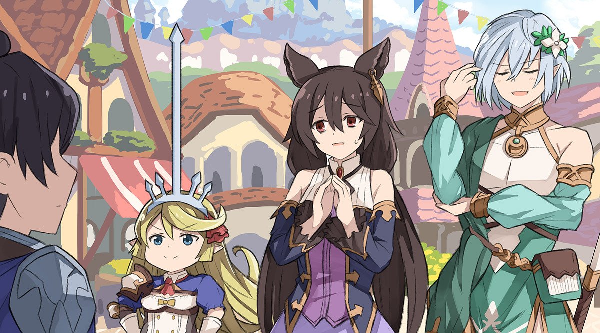 animal_ears arao black_hair blonde_hair blue_eyes charlotta_fenia cosplay detached_sleeves earrings erune fingers_together granblue_fantasy grimnir hands_on_hips harvin height_conscious jewelry kokkoro_(princess_connect!) kokkoro_(princess_connect!)_(cosplay) kyaru_(princess_connect) kyaru_(princess_connect)_(cosplay) long_hair nier_(granblue_fantasy) pecorine pecorine_(cosplay) pointy_ears princess_connect! princess_connect!_re:dive red_eyes shoulder_pads silver_hair tiara town