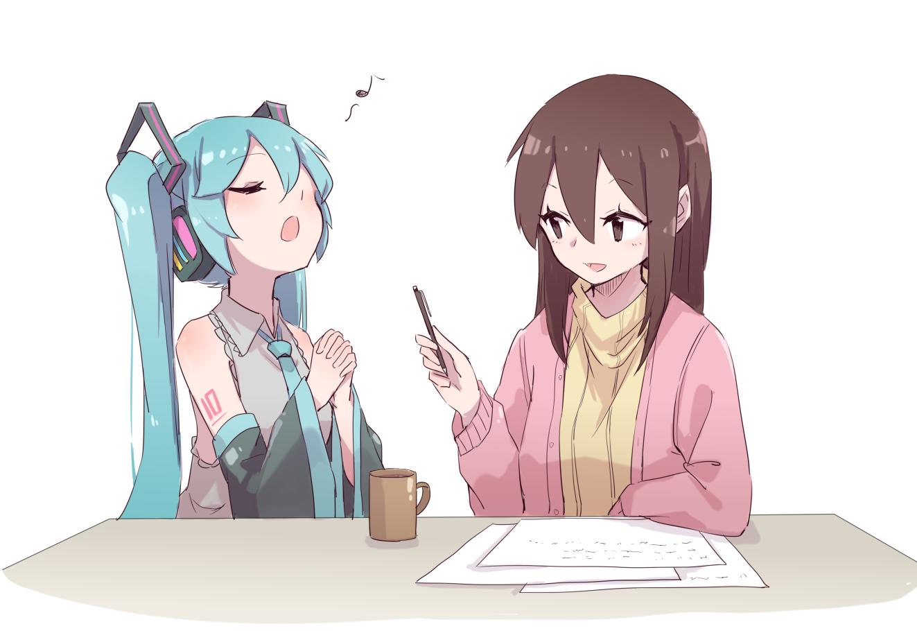 2girls aqua_hair aqua_neckwear bare_shoulders black_sleeves brown_eyes brown_hair closed_eyes commentary cup detached_sleeves eighth_note grey_shirt hair_ornament hand_up hands_clasped hatsune_miku headphones holding holding_pen light_blush long_hair looking_at_another master_(vocaloid) mug multiple_girls musical_note necktie nejikyuu open_mouth own_hands_together paper pen shirt shoulder_tattoo sitting sleeveless sleeveless_shirt smile spoken_musical_note sweater table tattoo twintails upper_body very_long_hair vocaloid