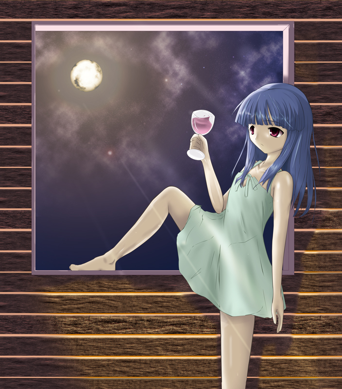 barefoot blue_hair dress furude_rika higurashi_no_naku_koro_ni leg_up long_hair moon night red_eyes rom_(avesta) star stars window