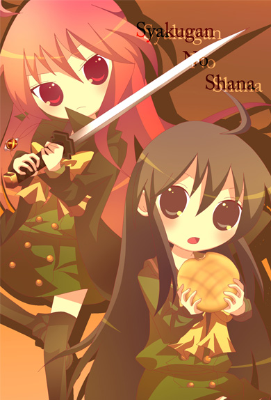 black_hair bread dual_persona food long_hair melon_bread meronpan red_eyes red_hair redhead school_uniform shakugan_no_shana shana sword thighhighs time_paradox weapon