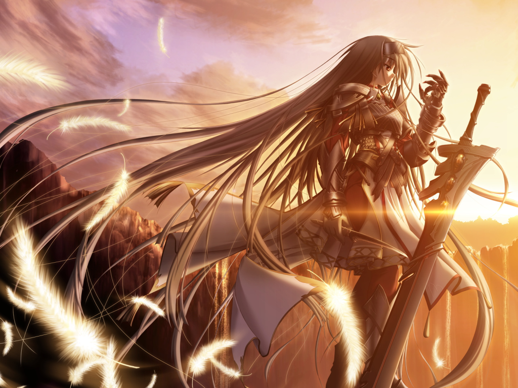 black_hair feathers gauntlets long_hair primitive_link sione sun_rise sunrise sword wallpaper weapon yuuki_makoto