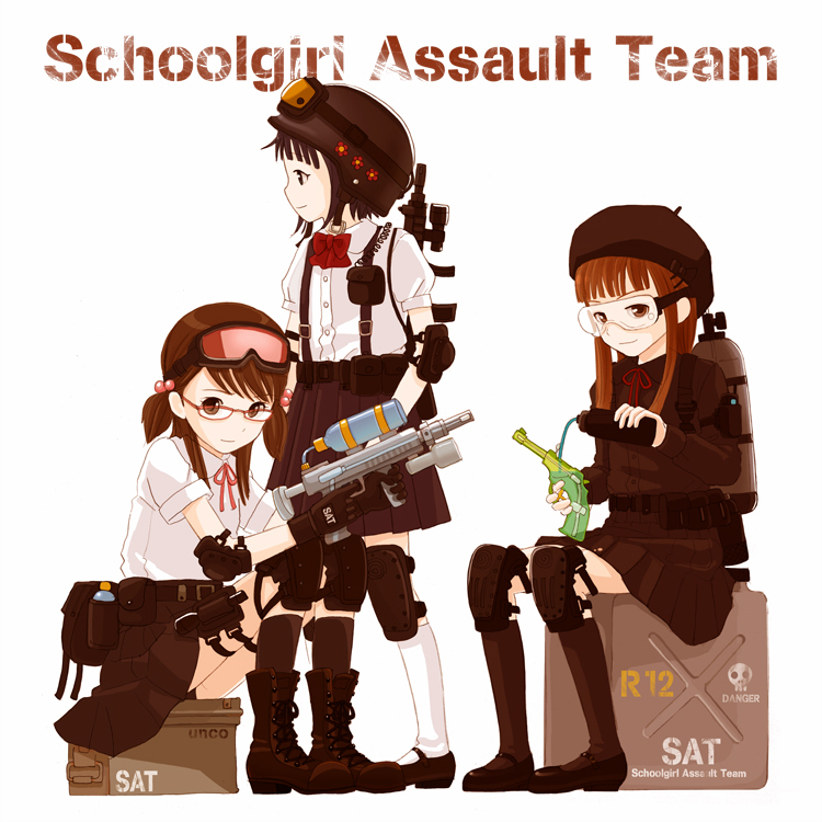 boots brown_eyes brown_hair elbow_pads glasses gun helmet holster knee_pads kokudou_juunigou multiple_girls original pleated_skirt route_12 school_uniform schoolgirl sitting skirt smile squirt_gun thigh_holster visor water_gun waterpistol weapon