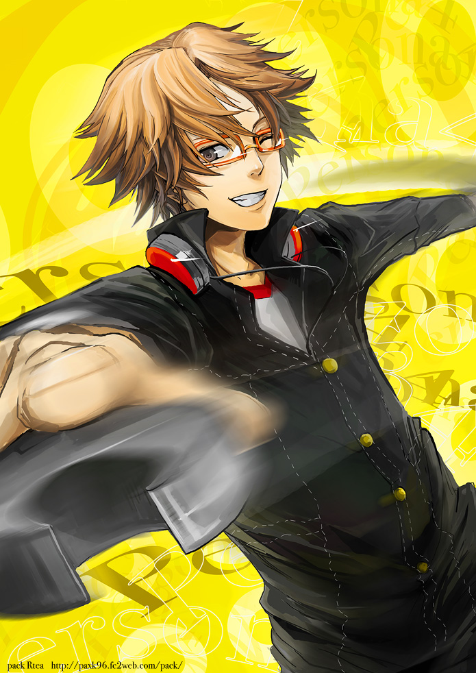 brown_hair glasses hanamura_yousuke headphones headphones_around_neck maguchimo male male_only persona persona_4 short_hair stylish wink