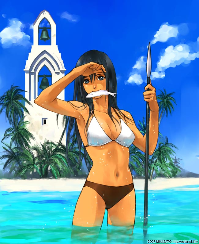 beach bell bikini black_hair fish fishing long_hair mikisato mouth_hold original palm_tree palm_trees polearm shading_eyes spear swimsuit tan tanned tree water weapon wet