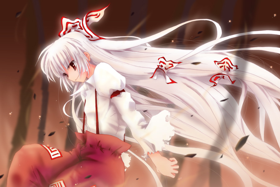 bamboo bamboo_forest fire forest fujiwara_no_mokou leaf long_hair long_sleeves makkuroh_(pixiv) nature pants pose profile red_eyes ribbon shirt smile smirk solo torn_clothes touhou very_long_hair white_hair white_shirt wind