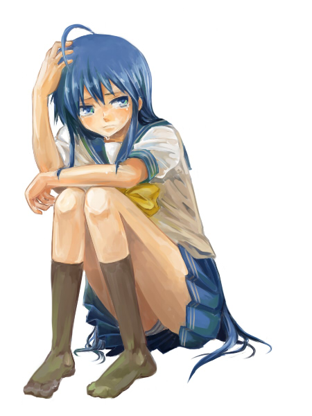 bad_id blue_eyes blue_hair izumi_konata kochoko long_hair lucky_star panchira_sit panties pantyshot pantyshot_sitting sad school_uniform sitting socks striped striped_panties tears underwear