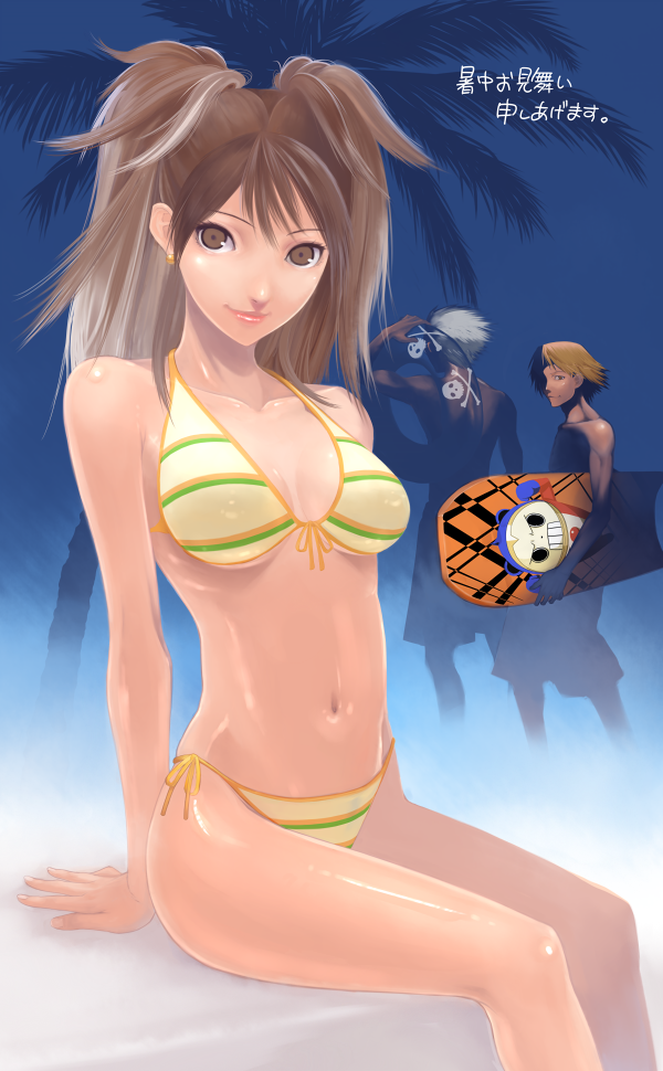 bikini brown_eyes brown_hair front-tie_top hanamura_yousuke innertube izumi_(pixiv10995) izumi_(walnov) kujikawa_rise kuma_(persona_4) lipstick palm_tree persona persona_4 shiny side-tie_bikini smile striped striped_bikini striped_swimsuit surfboard swimsuit tatsumi_kanji tree twintails yousuke_hanamura