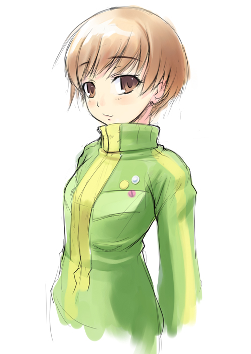 brown_eyes brown_hair persona persona_4 satonaka_chie short_hair smile solo turtleneck