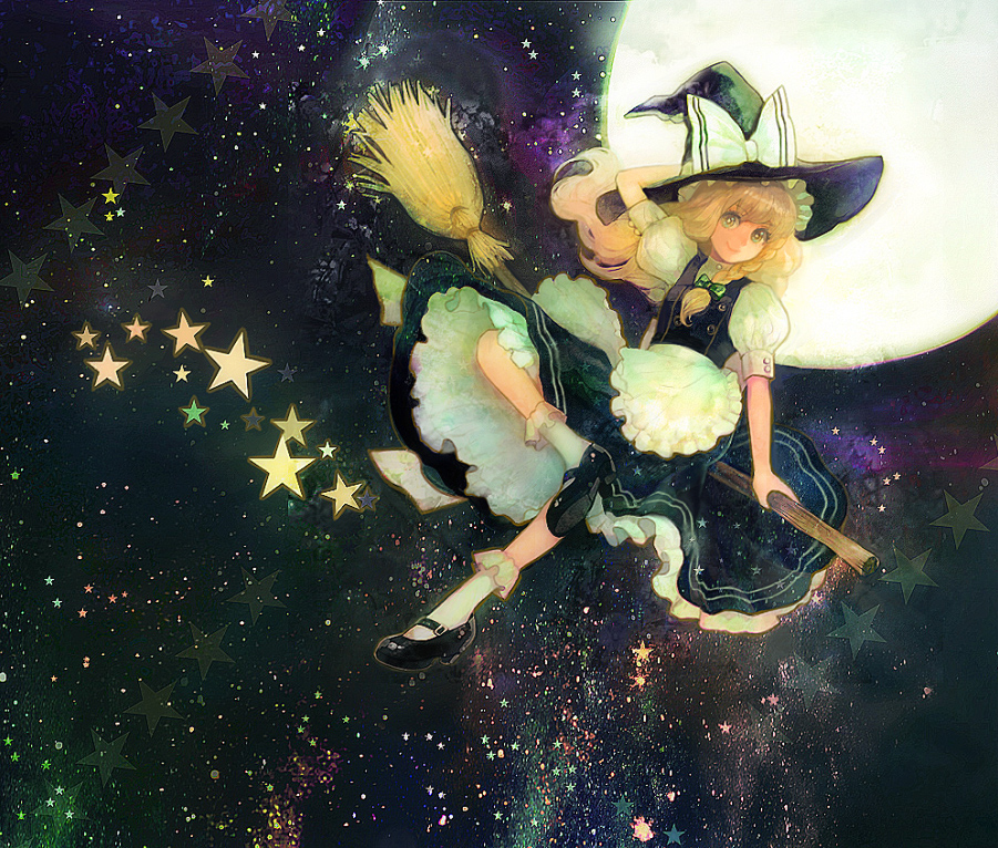 broom broom_riding flying hat hiroko_(keshika) kirisame_marisa long_hair mary_janes moon nakako ribbon star stars touhou witch_hat