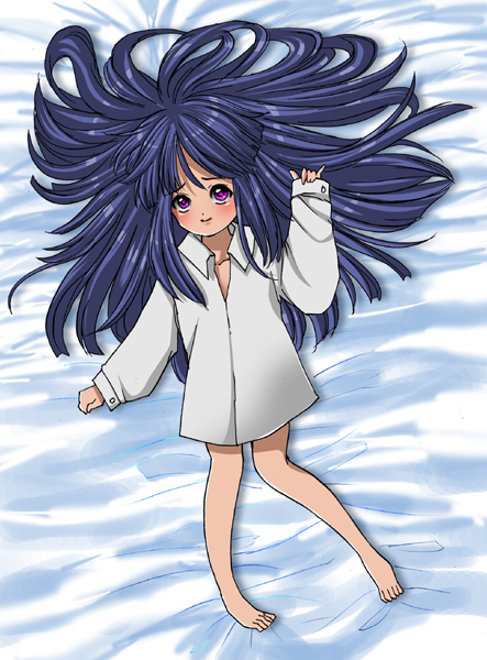 bed_sheet blue_hair dress_shirt furude_rika higurashi_no_naku_koro_ni long_hair lying purple_eyes sheets shirt violet_eyes