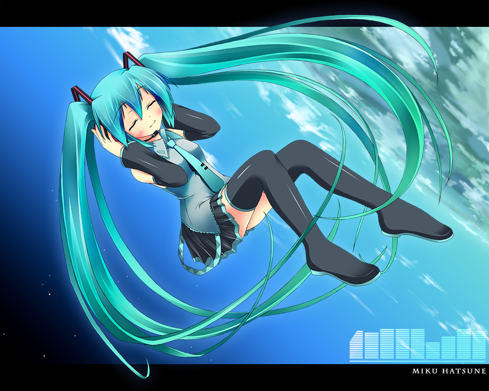closed_eyes earth hands_on_headphones hatsune_miku headphones long_hair orbit ribbon ribbons skirt space thighhighs twintails umitsubame vocaloid