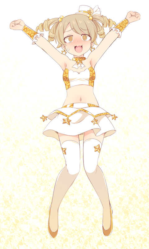 1girl :d @_@ armpits arms_up bangs bare_shoulders blush breasts brown_eyes brown_footwear brown_hair drill_hair eyebrows_visible_through_hair full_body hat idolmaster idolmaster_cinderella_girls midriff mini_hat morikubo_nono navel nose_blush open_mouth outstretched_arms shoes skirt small_breasts smile solo star strapless sweat thigh-highs tilted_headwear ushi white_headwear white_legwear white_skirt wrist_cuffs