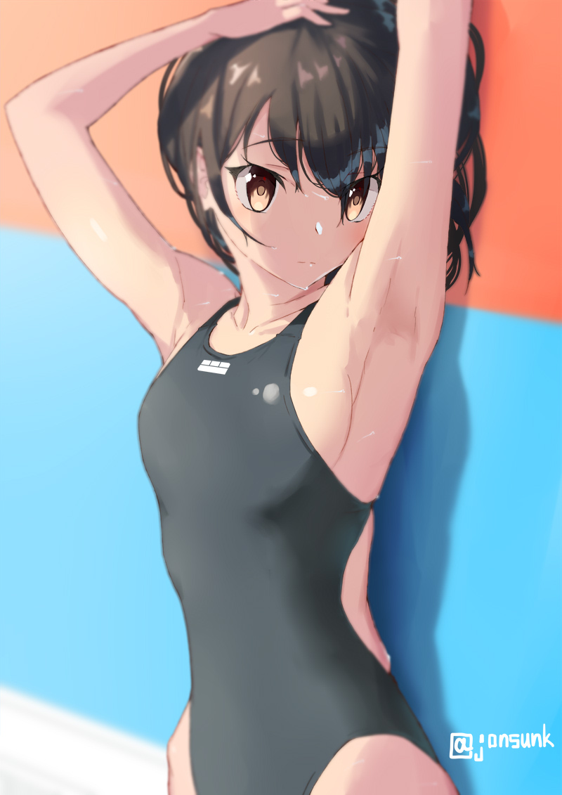 1girl armpits bangs bare_shoulders black_hair black_swimsuit breasts brown_eyes closed_mouth collarbone commentary_request competition_swimsuit eyebrows_visible_through_hair hair_between_eyes jonsun looking_at_viewer medium_breasts one-piece_swimsuit original sideboob solo swimsuit twitter_username wet