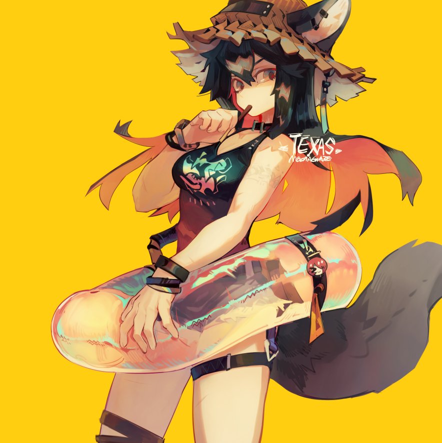 1girl alternate_costume animal_ear_fluff animal_ears arknights artist_name bangs bare_shoulders black_hair breasts brown_eyes character_name circle collarbone eating food hair_between_eyes hat holding holding_food legs long_hair looking_at_viewer moonagvaze shorts simple_background sleeveless solo standing strap tail texas_(arknights) thigh_strap wristband yellow_background