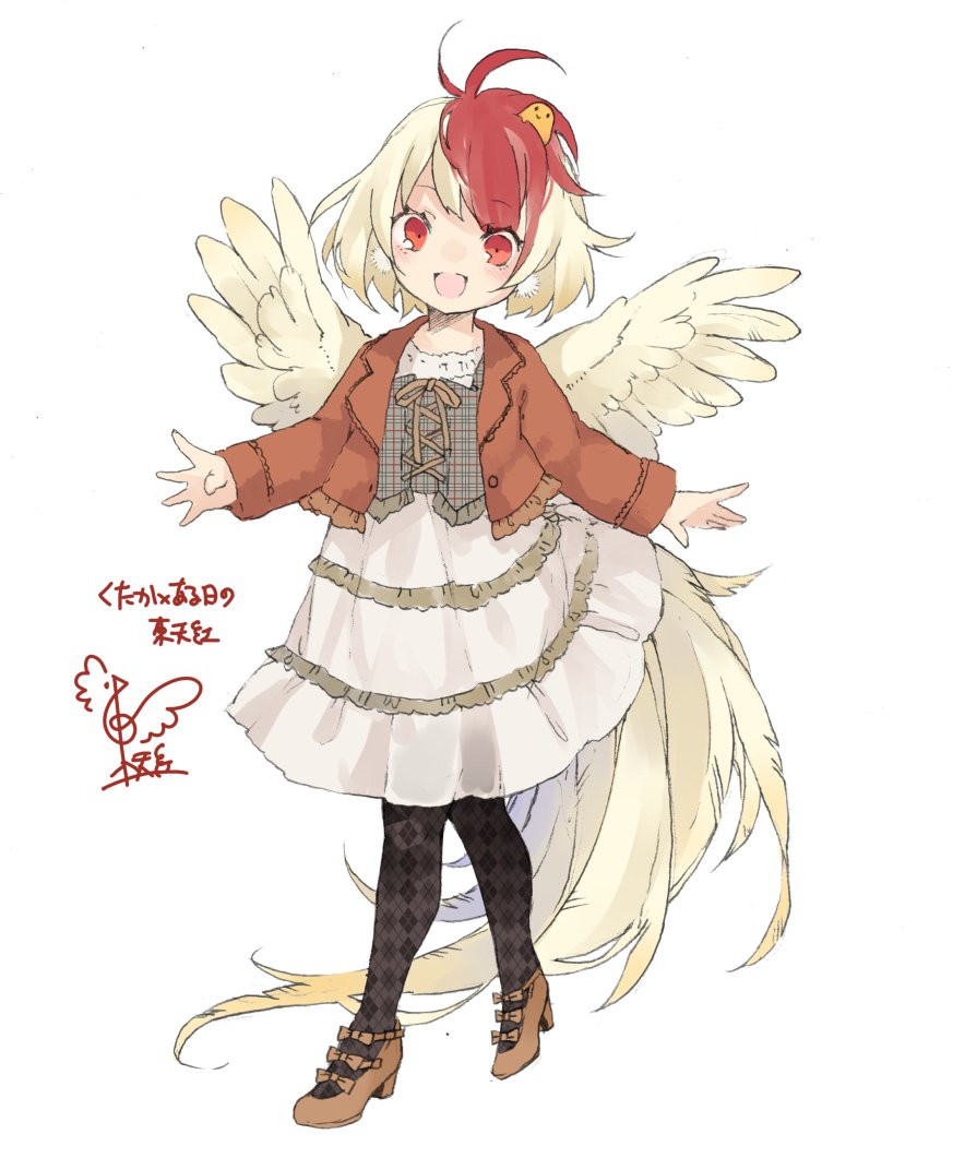 1girl :d alternate_costume animal animal_on_head bangs bird black_legwear blonde_hair brown_footwear brown_jacket casual chick commentary_request contemporary cross-laced_clothes dress eyebrows_visible_through_hair feathered_wings full_body high_heels jacket long_sleeves looking_at_viewer multicolored_hair niwatari_kutaka no_nose on_head open_clothes open_jacket open_mouth pantyhose red_eyes redhead short_hair signature simple_background smile solo standing tail_feathers touhou toutenkou translated two-tone_hair white_background white_dress wings yellow_wings