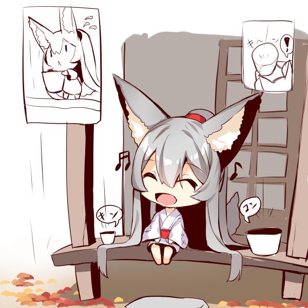 ! 1girl :&lt; :d ^_^ animal_ear_fluff animal_ears autumn_leaves bangs barefoot beamed_sixteenth_notes chibi closed_eyes closed_mouth commentary_request eighth_note eyebrows_visible_through_hair flying_sweatdrops fox_ears fox_girl fox_tail grey_hair hair_between_eyes holding japanese_clothes kimono long_hair long_sleeves musical_note obi open_mouth original patches rain sash sidelocks sitting smile speech_bubble spoken_exclamation_mark tail tail_raised veranda very_long_hair white_kimono wide_sleeves yuuji_(yukimimi) |_|