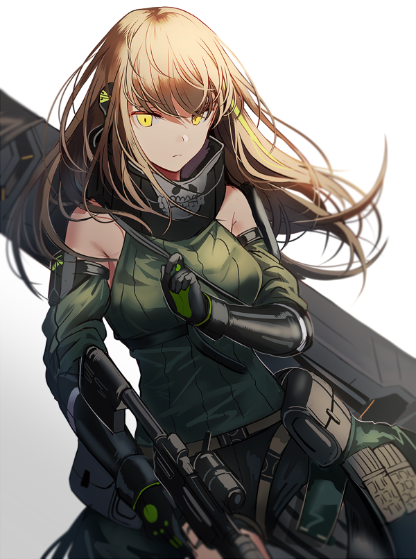 1girl assault_rifle bare_shoulders belt black_gloves brown_hair closed_mouth clothes_around_waist detached_sleeves girls_frontline gloves gun jacket jacket_around_waist long_hair m4_carbine m4a1_(girls_frontline) multicolored_hair pouch rifle scarf silence_girl streaked_hair weapon work_in_progress yellow_eyes