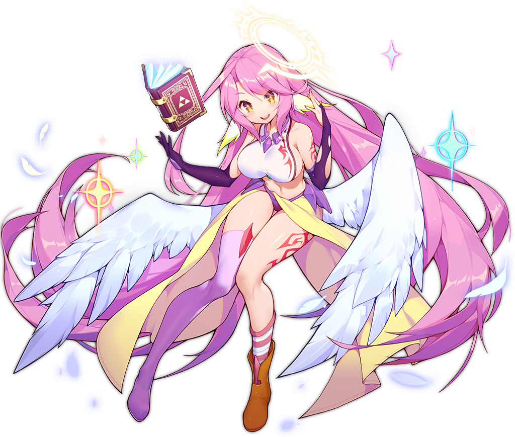 1girl ahoge angel_wings ark_order book boots brown_footwear elbow_gloves gloves halo jibril_(no_game_no_life) long_hair low_wings no_game_no_life panties pelvic_curtain pink_hair pink_legwear pink_panties purple_gloves single_boot single_bridal_gauntlet single_elbow_glove single_sock single_thighhigh socks solo striped striped_legwear tattoo the_legend_of_zelda thigh-highs torn_clothes torn_gloves triforce underwear very_long_hair wing_ears wings yellow_eyes