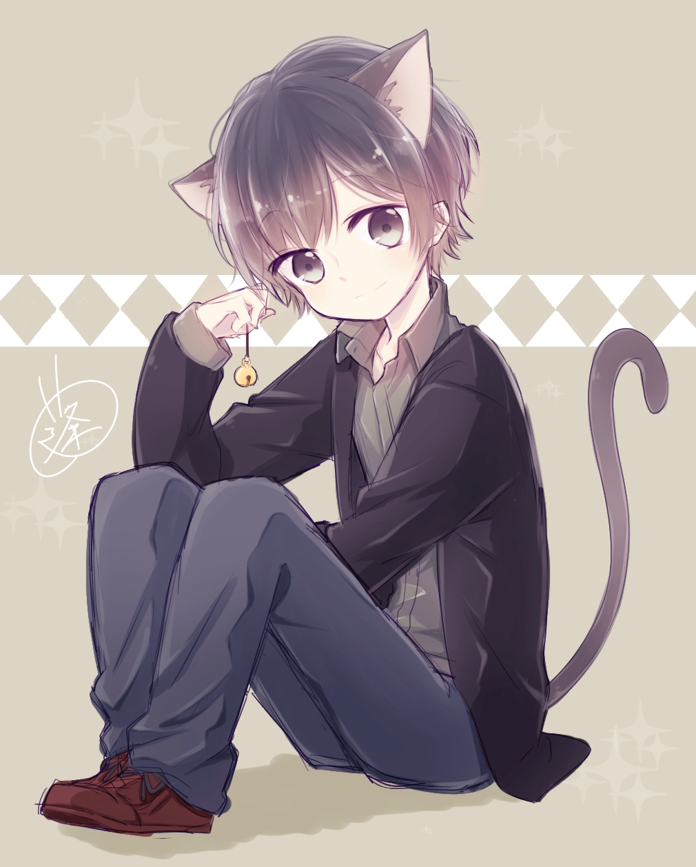 1boy animal_ears bell cat_ears cat_tail catboy extra_ears full_body highres looking_at_viewer male_focus oosaka_rei original purple_hair smile solo tail violet_eyes