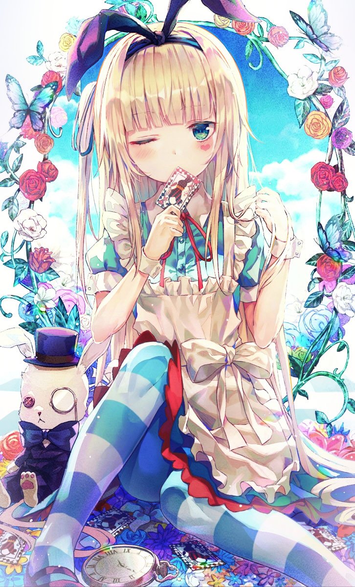1girl alice_(wonderland) alice_in_wonderland animal_ears apron blonde_hair bug butterfly card clock clouds dress fake_animal_ears flower frilled_apron frills green_dress green_eyes hairband hat highres holding huwali_(dnwls3010) insect knee_up long_hair looking_at_viewer mary_janes monocle neck_ribbon one_eye_closed one_side_up pantyhose plant red_neckwear ribbon roman_numerals rose shoes short_sleeves sitting solo striped striped_legwear stuffed_animal stuffed_bunny stuffed_toy top_hat very_long_hair vines wing_collar wrist_cuffs