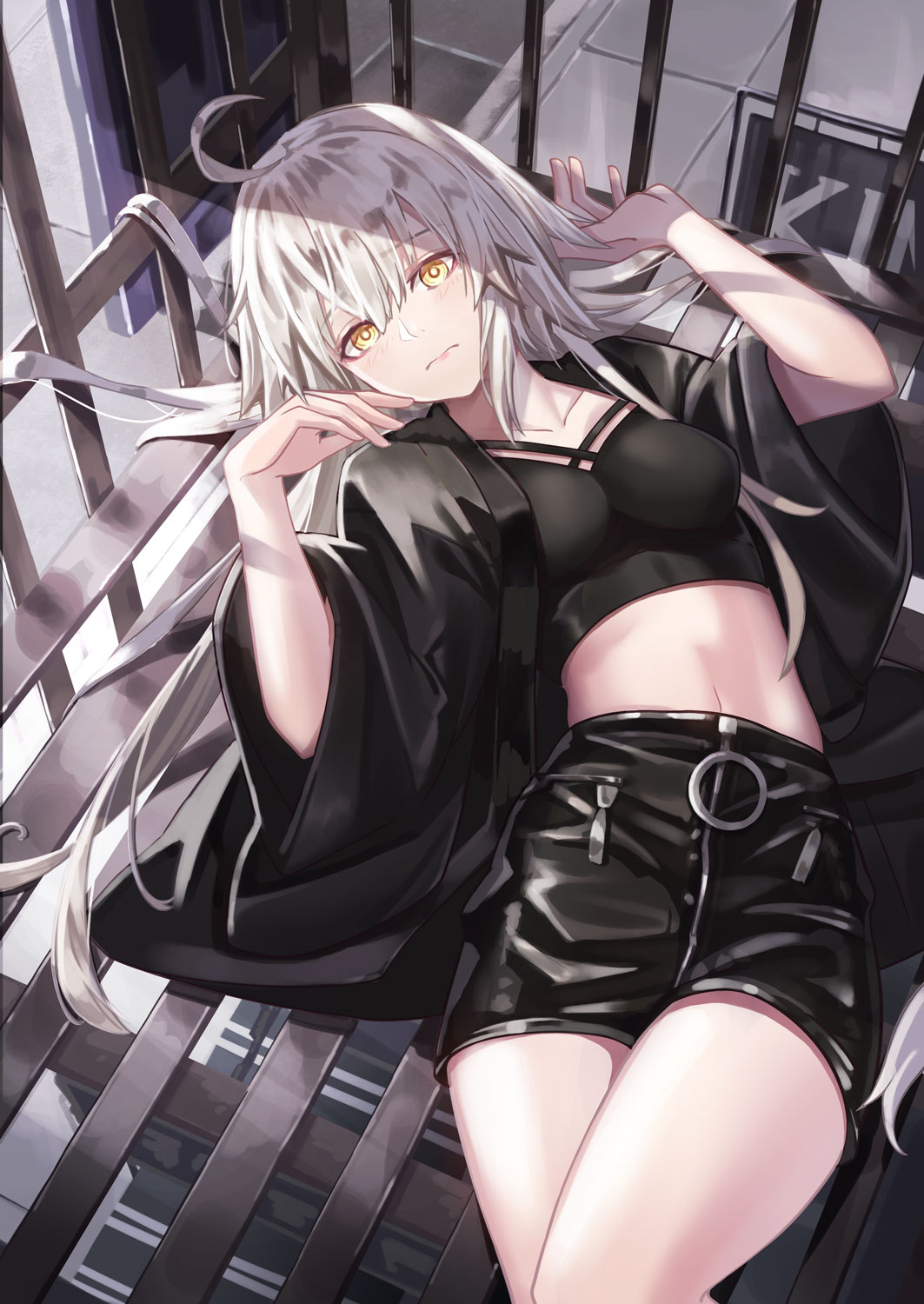 1girl ahoge bangs black_halter_top black_robe black_skirt breasts closed_mouth cowboy_shot eyebrows_visible_through_hair fate/grand_order fate_(series) fire_escape highres jeanne_d'arc_(alter)_(fate) jeanne_d'arc_(fate)_(all) large_breasts leather_skirt lying navel on_back pencil_skirt sidewalk sign silver_hair skirt solo tsurime urban whitecrow4444 wide_sleeves yellow_eyes