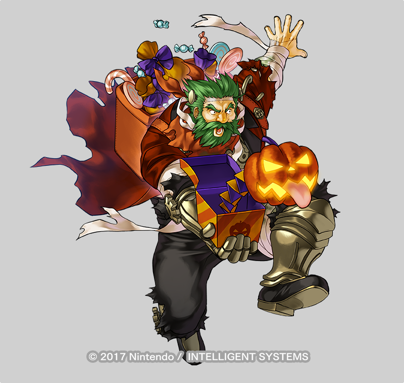 1boy alternate_costume armored_boots bag bandages beard boots bow candy dozla_(fire_emblem) facial_hair fire_emblem fire_emblem:_the_sacred_stones fire_emblem_heroes food full_body gears green_eyes green_hair grey_background halloween_costume kita_senri mustache official_art open_mouth pumpkin scar solo teeth torn_clothes