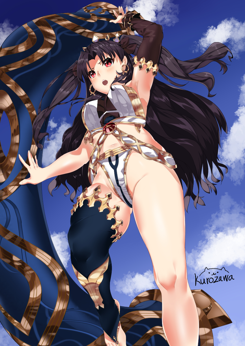 1girl artist_name asymmetrical_sleeves bangs barefoot black_hair black_legwear breasts earrings elbow_gloves fate/grand_order fate_(series) from_below gloves heavenly_boat_maanna highres hoop_earrings ishtar_(fate/grand_order) jewelry kurosawa_(hjkl42332) long_hair looking_at_viewer navel neck_ring open_mouth red_eyes single_elbow_glove single_thighhigh sky solo thigh-highs tiara toeless_legwear two_side_up very_long_hair