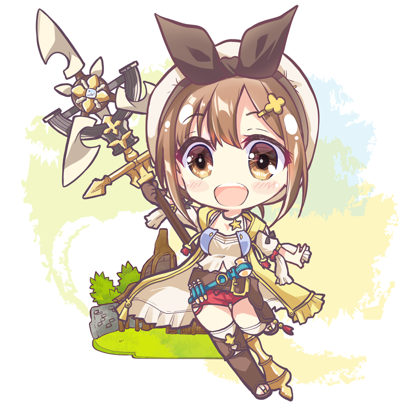 1girl :d atelier_(series) atelier_ryza brown_eyes brown_hair chibi full_body gunp hair_ornament hairclip looking_at_viewer open_mouth red_shorts reisalin_stout short_hair shorts smile solo thigh-highs white_headwear