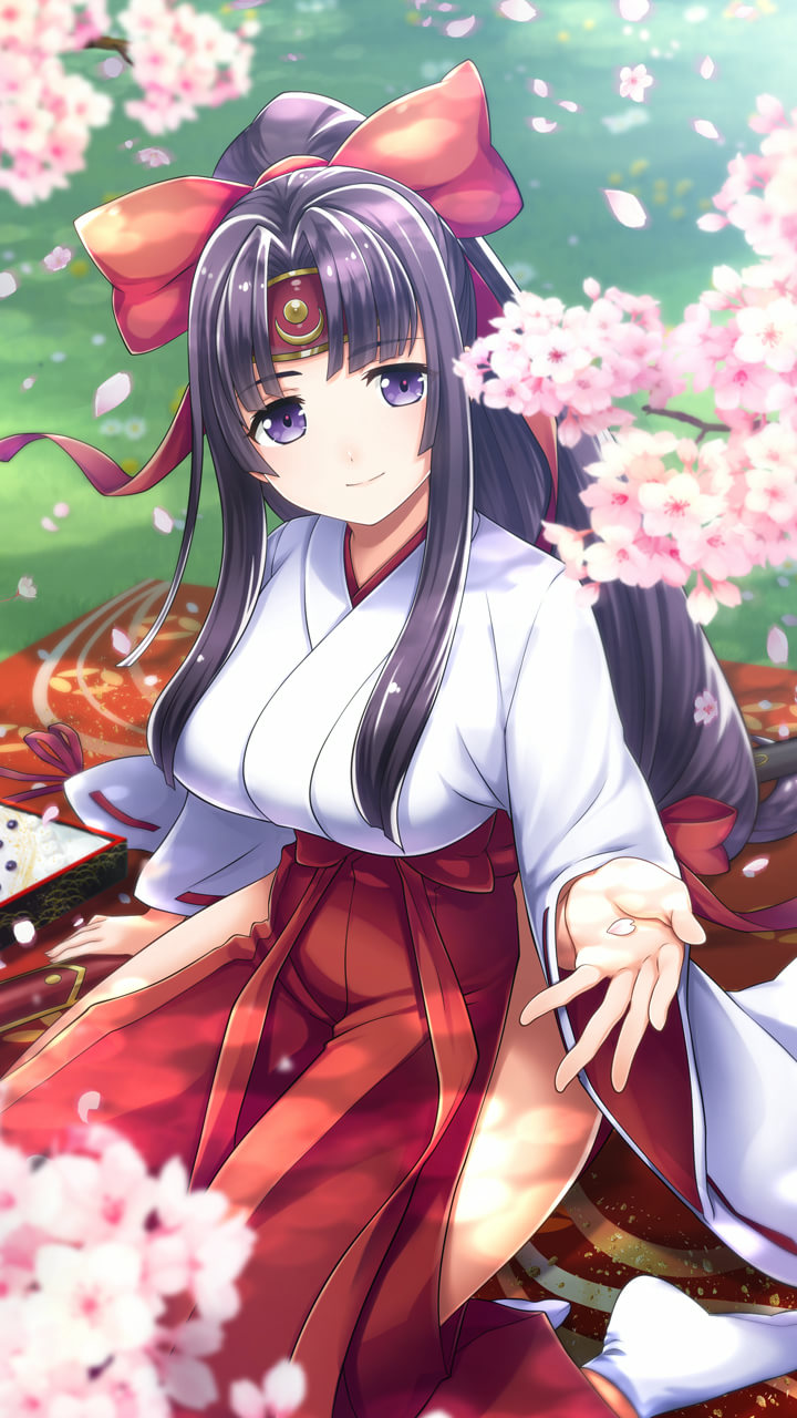 1girl bangs black_hair bow breasts cherry_blossoms closed_mouth day eyebrows_visible_through_hair falling_petals hair_bow hair_ribbon hakama hand_up headband highres hip_vent japanese_clothes large_breasts long_hair long_sleeves looking_at_viewer low-tied_long_hair miko official_art outdoors parted_bangs ponytail queen's_blade queen's_blade_unlimited queen's_blade_white_triangle red_hakama ribbon ribbon-trimmed_sleeves ribbon_trim sidelocks sitting smile solo tabi thighs tomoe violet_eyes white_legwear wide_sleeves