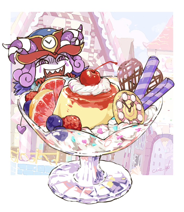 1boy :d aves_plumbum9 blueberry cape cherry chibi chocolate cookie crazy_eyes cup curly_hair demon_tail fate/grand_order fate_(series) food fruit fur-trimmed_cape fur_collar fur_trim gingerbread_house grapefruit grapefruit_slice happy hat headpiece heart heart_tail horns ice_cream icing looking_at_viewer makeup medium_hair mephistopheles_(fate/grand_order) multicolored multicolored_eyes open_mouth pastel_colors pudding purple_hair raspberry riyo_(lyomsnpmp)_(style) sharp_teeth signature smile sprinkles sweets tail teardrop teeth violet_eyes white_skin