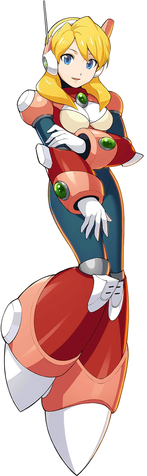 1girl alia_(rockman) android bangs blonde_hair blue_eyes breasts framed_breasts full_body gloves headset highres holding_arm long_hair looking_at_viewer medium_breasts mizuno_keisuke official_art open_mouth robot robot_ears rockman rockman_x smile solo transparent_background white_gloves