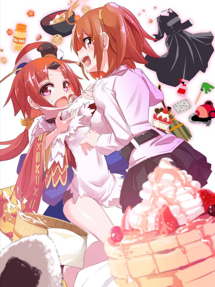 2girls ahoge ass benienma_(fate/grand_order) black_dress black_legwear black_skirt bottle cake chaldea_uniform dress fate/grand_order fate_(series) food fujimaru_ritsuka_(female) hair_ornament hair_scrunchie japanese_clothes kazekawa_nagi long_sleeves looking_at_viewer low_ponytail miso_soup multiple_girls one_side_up open_mouth orange_eyes orange_hair pantyhose pleated_skirt red_eyes redhead scrunchie skirt wide_sleeves yellow_scrunchie