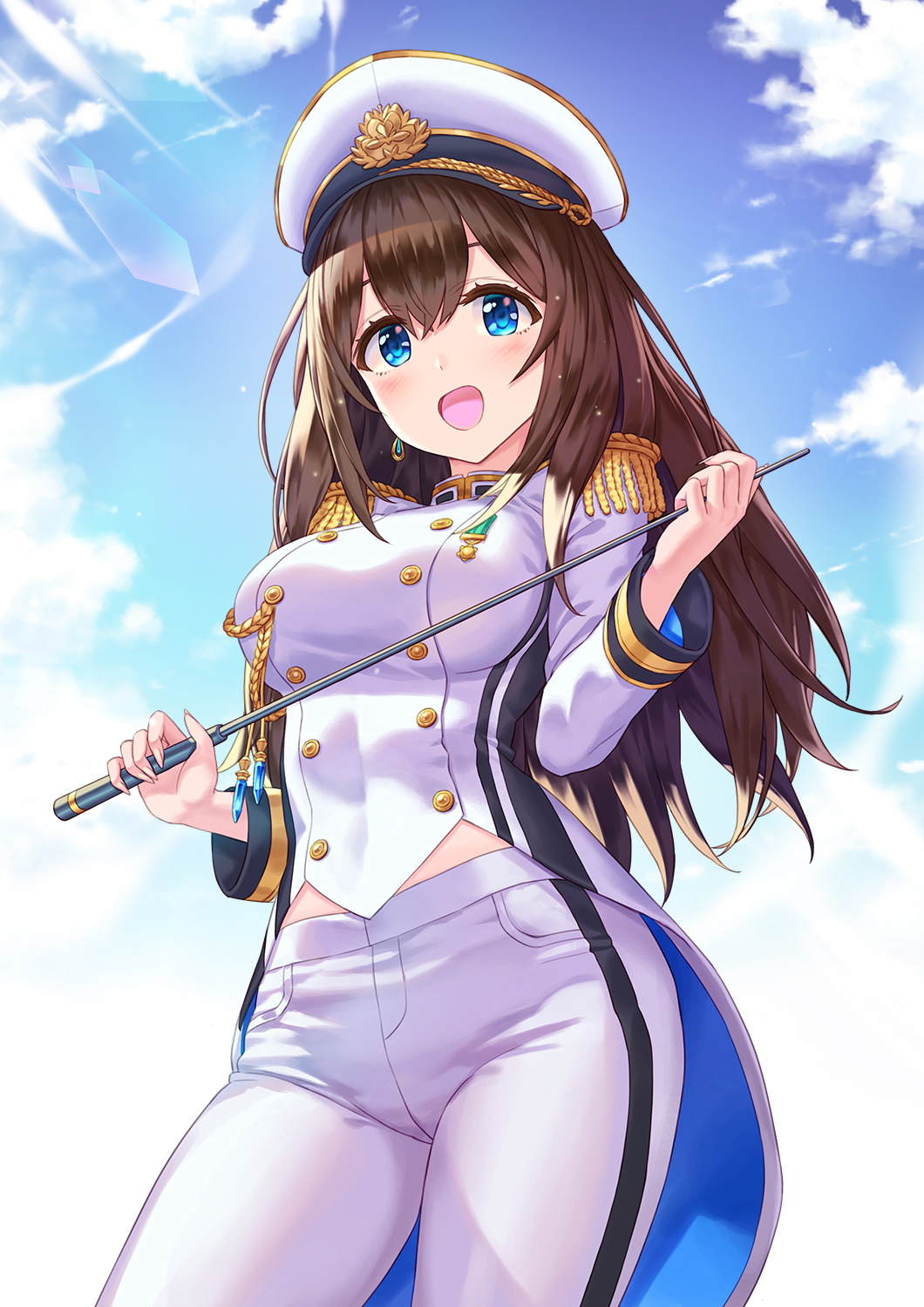 1girl aiguillette black_hair blue_eyes blush breasts epaulettes hat hhama highres idolmaster idolmaster_cinderella_girls idolmaster_cinderella_girls_starlight_stage large_breasts long_hair long_sleeves looking_at_viewer military military_hat military_uniform naval_uniform open_mouth peaked_cap sagisawa_fumika seizon_honnou_valkyria solo uniform