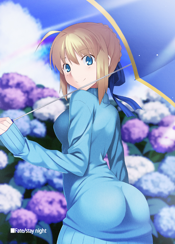 1girl ahoge artoria_pendragon_(all) ass blonde_hair blue_eyes blue_flower blue_ribbon blue_sweater blue_umbrella blurry blurry_background braid braided_bun closed_mouth clouds copyright_name cowboy_shot cute dress eyebrows_visible_through_hair fate/stay_night fate_(series) flower hair_between_eyes hair_ribbon heaven's_feel holding holding_umbrella hydrangea long_sleeves looking_at_viewer purple_flower ribbon saber short_hair skylader smile solo standing sunlight sweater sweater_dress type-moon ufotable umbrella unlimited_blade_works white_flower