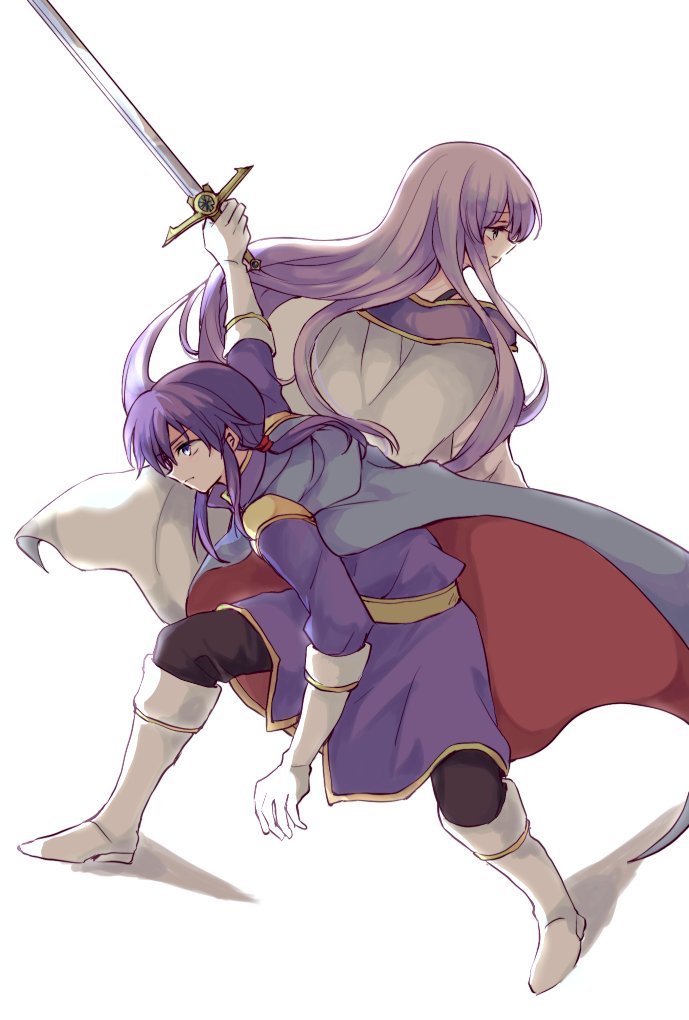 1boy 1girl blue_hair boots brother_and_sister cape fire_emblem fire_emblem:_genealogy_of_the_holy_war gloves headband holding holding_sword holding_weapon julia_(fire_emblem) kitano_373 long_hair seliph_(fire_emblem) siblings smile sword weapon white_hair