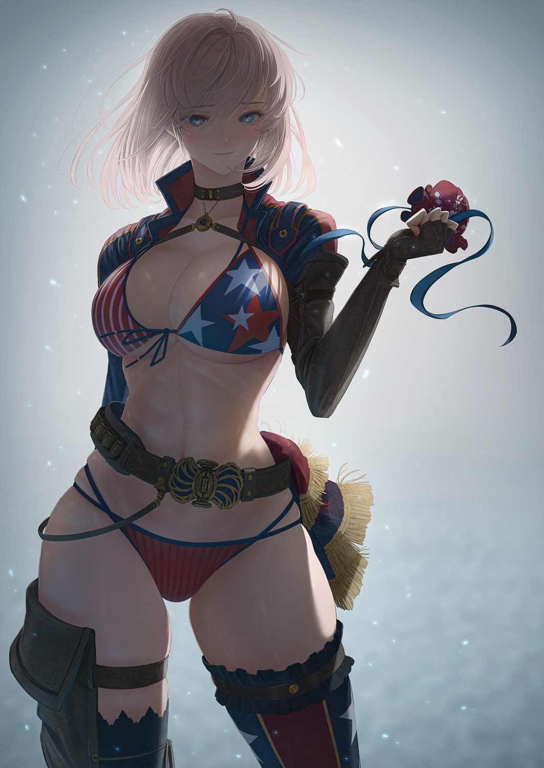 1girl american_flag_bikini asymmetrical_hair bangs belt bikini blue_eyes blush breasts closed_mouth commentary_request cropped_jacket eyebrows_visible_through_hair fate/grand_order fate_(series) fingerless_gloves flag_print front-tie_bikini front-tie_top gloves gradient gradient_background halterneck highres holding imizu_(nitro_unknown) jacket large_breasts lips looking_at_viewer miyamoto_musashi_(fate/grand_order) miyamoto_musashi_(swimsuit_berserker)_(fate) pink_hair shiny shiny_skin simple_background smile solo star star_print striped swimsuit