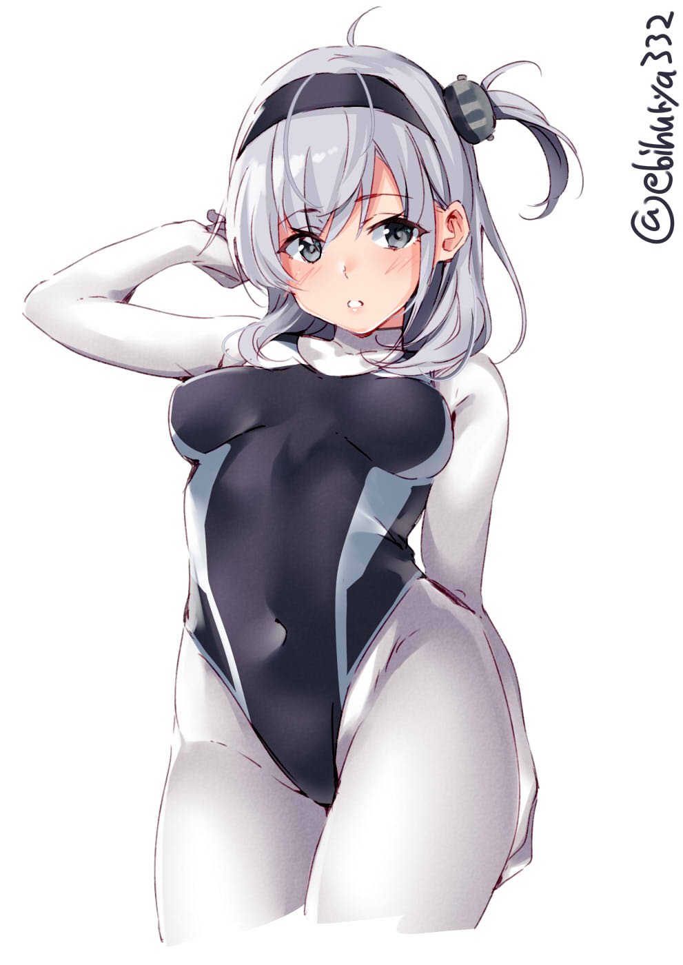 1girl alternate_costume black_swimsuit blue_eyes bodysuit breasts competition_swimsuit covered_navel cowboy_shot ebifurya eyebrows_visible_through_hair highleg highleg_swimsuit highres kantai_collection looking_at_viewer medium_breasts one-piece_swimsuit one_side_up parted_lips silver_hair suzutsuki_(kantai_collection) swimsuit thighs white_bodysuit