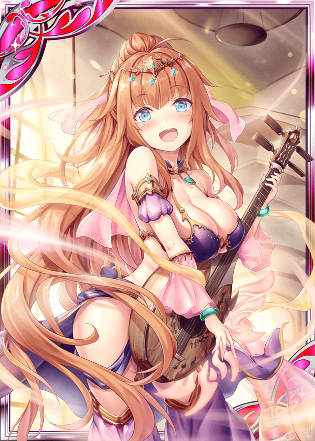 1girl :d akkijin arabian_clothes armpits bare_shoulders blue_eyes breasts brown_hair card_(medium) hair_ornament harem_outfit harem_pants indoors instrument jewelry large_breasts long_hair looking_at_viewer lute_(instrument) official_art open_mouth pants ponytail scheherazade_(shinkai_no_valkyrie) shinkai_no_valkyrie smile veil