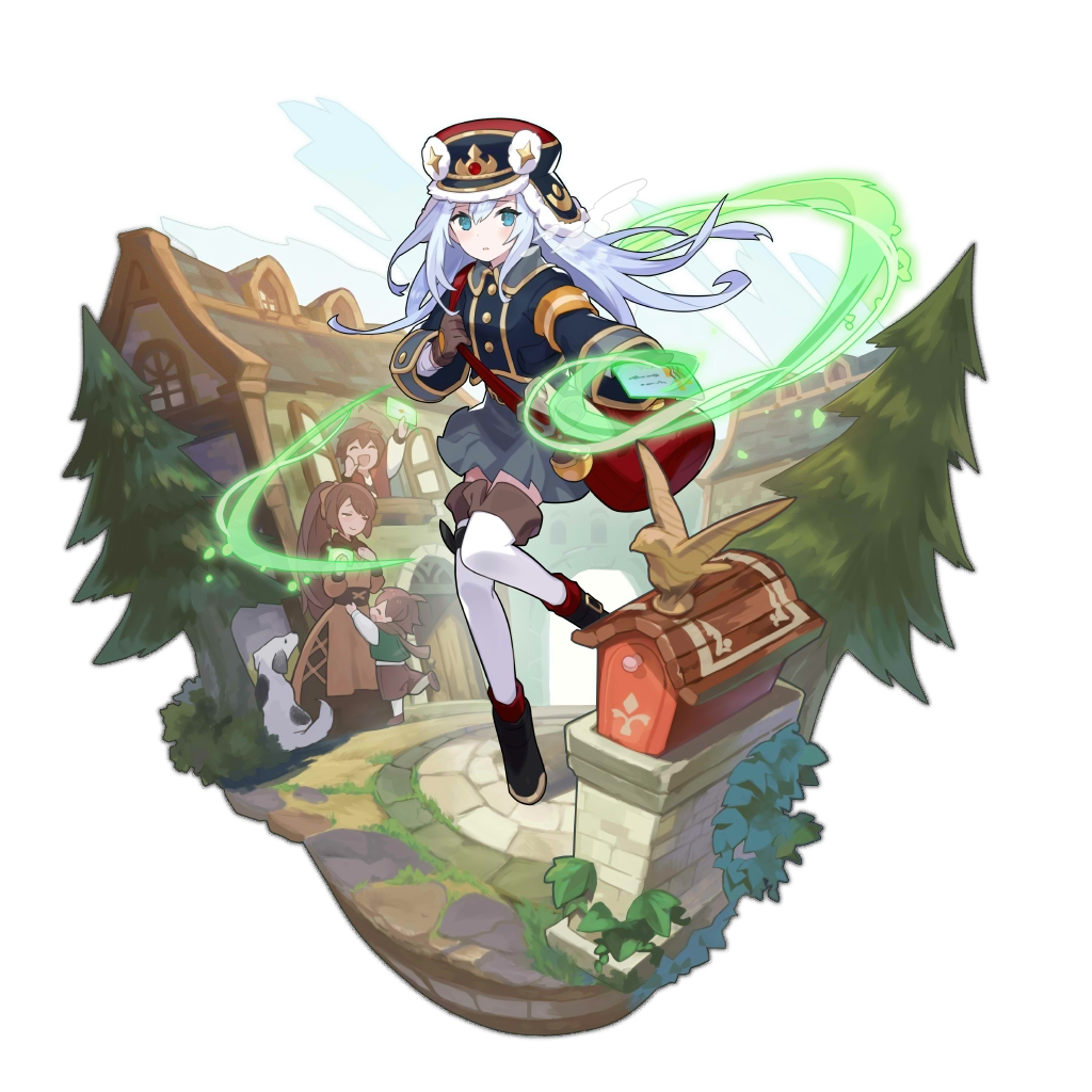 2boys 2girls animal bag blue_eyes day dog dragalia_lost envelope full_body gloves hat letter long_hair looking_at_viewer magic mail mailbox_(incoming_mail) mailman multiple_boys multiple_girls non-web_source official_art open_mouth outdoors saitou_naoki shoulder_bag skirt thigh-highs town tree white_hair