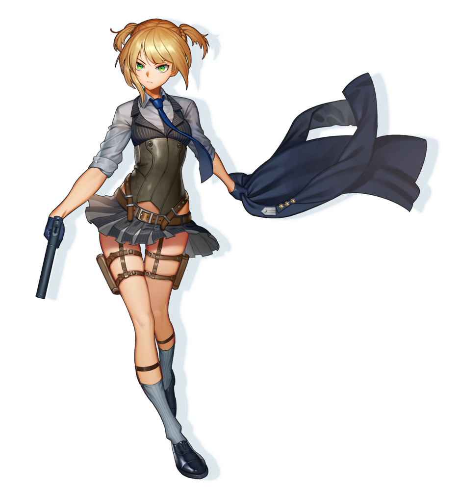 1girl ankle_socks bangs belt belt_buckle black_footwear blonde_hair blue_gloves blue_neckwear breasts buckle closed_mouth collar collared_shirt full_body girls_frontline gloves green_eyes grey_legwear gun holding holding_clothes holding_gun holding_jacket holding_weapon holster jacket looking_at_viewer medium_hair necktie shirt shoes simple_background skirt solo standing thigh_holster thigh_strap twintails vest waistcoat weapon welrod_mk2 welrod_mk2_(girls_frontline) white_background zhq7041