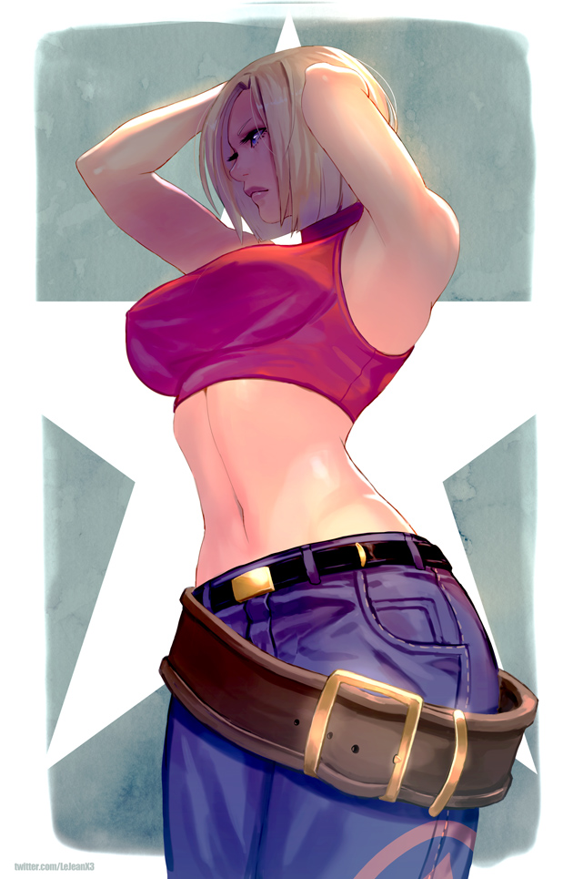 1girl armpits bare_shoulders belt blonde_hair blue_eyes blue_mary breasts closed_mouth commentary crop_top large_breasts midriff navel rejean_dubois short_hair solo straight_hair the_king_of_fighters