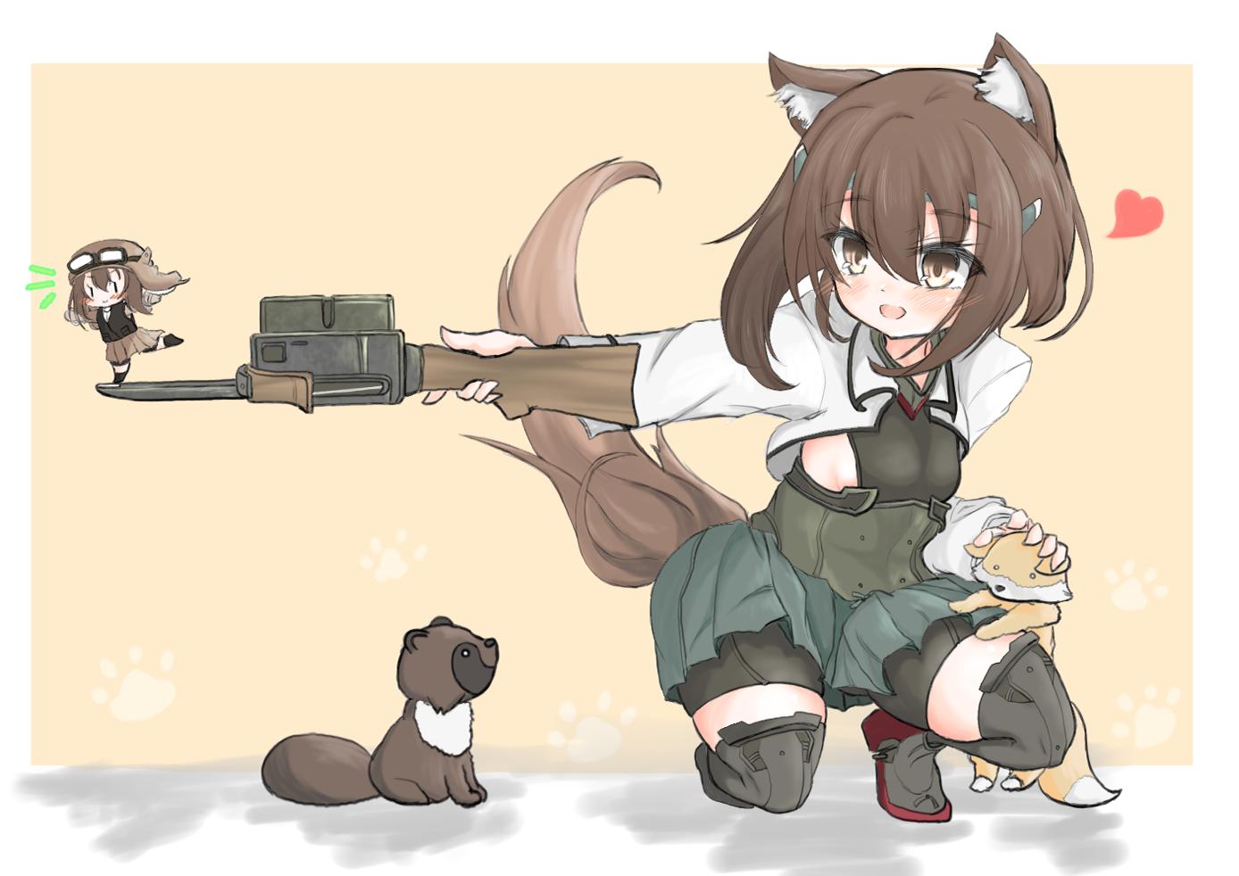 2girls 2others animal_ears beige_background bike_shorts border bow_(weapon) brown_eyes brown_hair commentary_request crossbow dog_ears dog_tail fairy_(kantai_collection) flat_chest fox full_body grey_skirt headband headgear heart kantai_collection kasashi_(kasasi008) long_sleeves miniskirt multiple_girls multiple_others open_mouth paw_print pleated_skirt raccoon short_hair shorts shorts_under_skirt skirt smile squatting taihou_(kantai_collection) tail two-tone_background weapon white_border