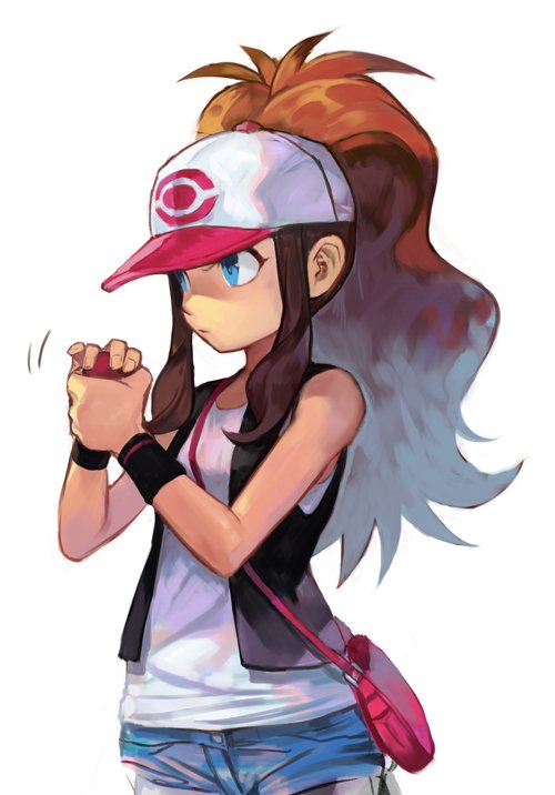 1girl bag bare_shoulders baseball_cap black_vest blue_eyes blue_shorts brown_hair closed_mouth flat_chest hands_together hands_up hankuri hat holding holding_poke_ball jpeg_artifacts long_hair pink_headwear poke_ball poke_ball_(generic) poke_ball_symbol poke_ball_theme pokemon pokemon_(game) pokemon_bw shirt short_shorts shorts simple_background sleeveless sleeveless_shirt solo standing tied_hair touko_(pokemon) vest white_background white_shirt