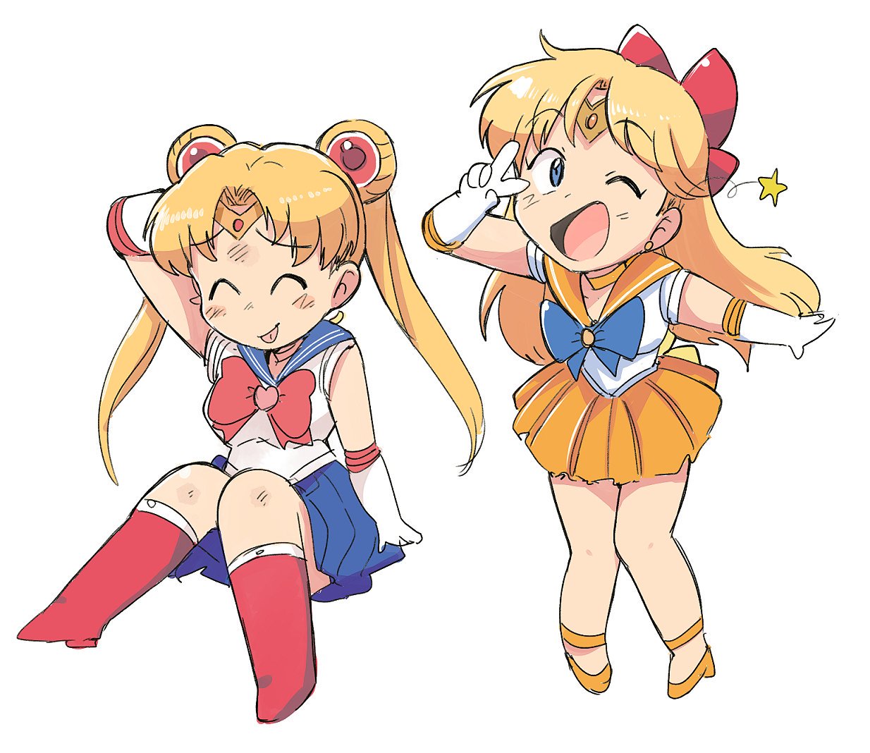 2girls :p ;d aino_minako arm_behind_head bishoujo_senshi_sailor_moon blonde_hair blue_sailor_collar blue_skirt boots bow chibi choker closed_eyes double_bun full_body gloves hair_bow knee_boots knees_together_feet_apart long_hair multiple_girls one_eye_closed open_mouth orange_footwear orange_sailor_collar orange_skirt pleated_skirt red_bow red_footwear sailor_collar sailor_moon sailor_senshi_uniform sailor_venus skirt smile tongue tongue_out tsubobot tsukino_usagi twintails v white_background white_gloves