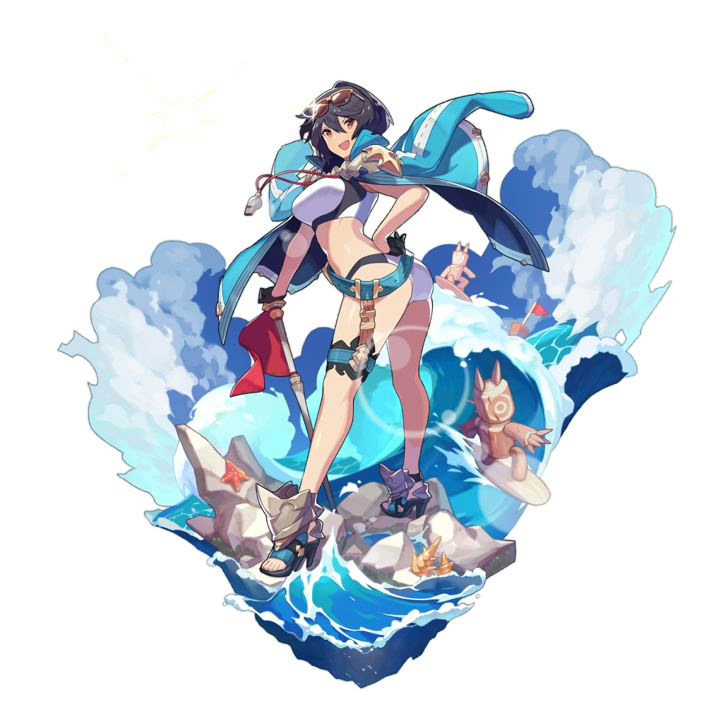 1girl belt black_hair celliera dragalia_lost flag garters hand_on_hip high_heels jacket_on_shoulders lens_flare looking_at_viewer non-web_source ocean official_art open_mouth saitou_naoki sandals short_hair smile solo sports_bra surfing swimsuit target water waves