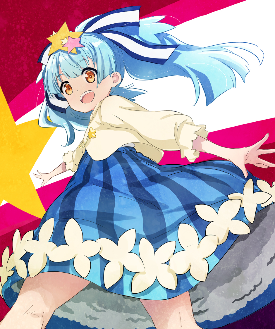 :d abe_kanari birthday blue_hair brown_eyes from_below hair_ornament hair_ribbon happy_birthday hoshikawa_lily long_hair long_skirt looking_at_viewer looking_back open_mouth outstretched_arms plaid plaid_skirt ribbon skirt smile spread_arms star star_hair_ornament twintails zombie_land_saga