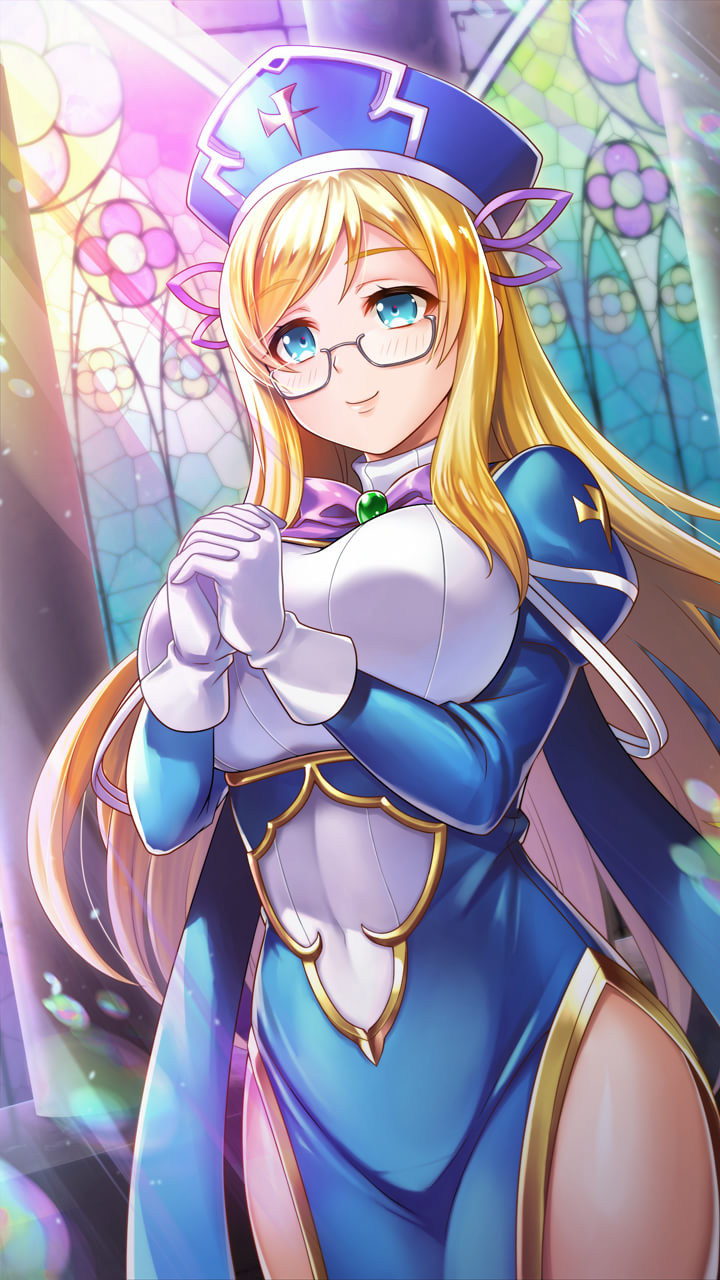 1girl bangs blonde_hair blue_dress blue_eyes blush bow bowtie breasts church closed_mouth covered_navel dress eyebrows_visible_through_hair framed_breasts glasses gloves hat highres huge_breasts indoors long_hair long_sleeves looking_at_viewer melpha nun official_art praying puffy_sleeves queen's_blade queen's_blade_unlimited queen's_blade_white_triangle semi-rimless_eyewear short_dress sidelocks solo standing thighs under-rim_eyewear white_gloves